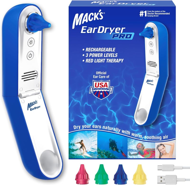 Macks Ear Dryer PRO Rechargeable Warm Air Ear Water Drying Aid with Red Light Therapy and 3 Power Levels for Swimmers' Ears, Showering, Water Sports, Surfing, Scuba, and Hearing Aids - Image 1